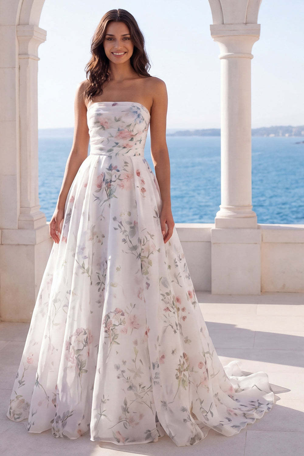 Leely Women Strapless Floral A Line Ivory Long Beach Wedding Dress Backless Sleeveless Bridal Dress