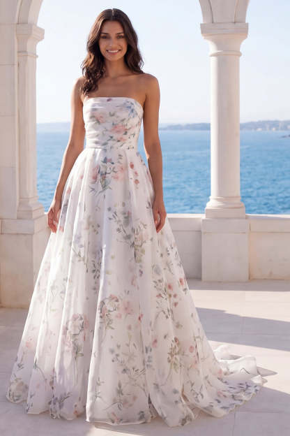 Leely Women Strapless Floral A Line Ivory Long Beach Wedding Dress Backless Sleeveless Bridal Dress