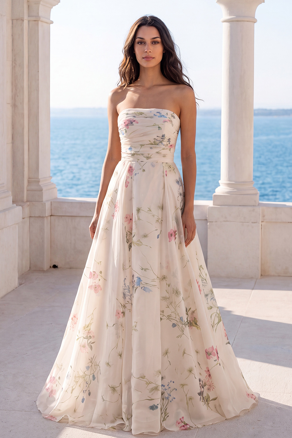 Leely Women Strapless Floral A Line Ivory Long Beach Wedding Dress Backless Sleeveless Bridal Dress