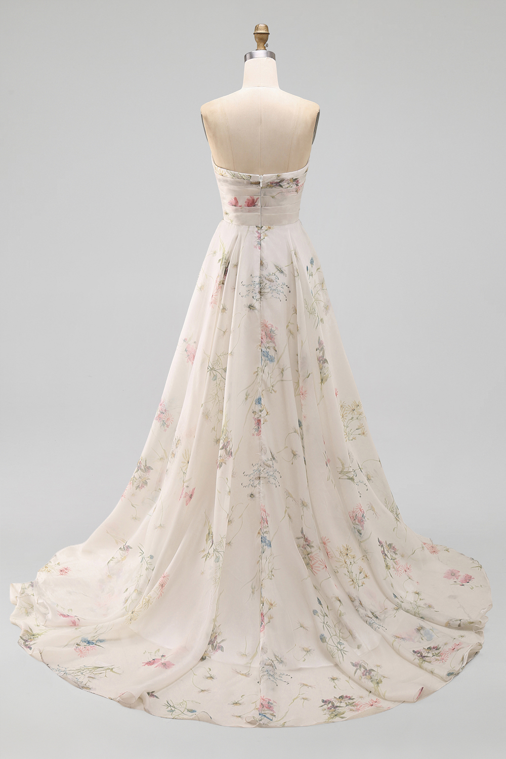 Strapless Floral A Line Ivory Long Beach Wedding Dress
