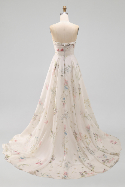 Strapless Floral A Line Ivory Long Beach Wedding Dress
