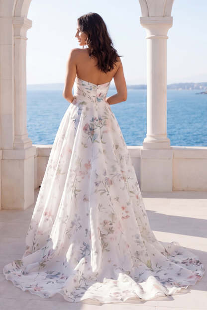 Strapless Floral A Line Ivory Long Beach Wedding Dress