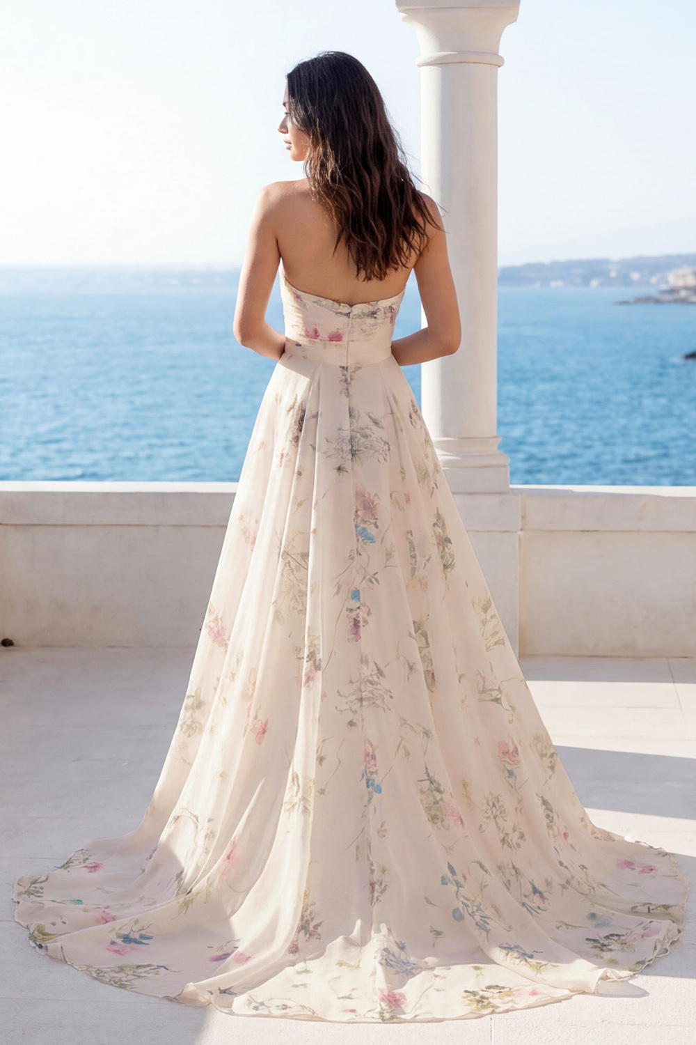 Strapless Floral A Line Ivory Long Beach Wedding Dress