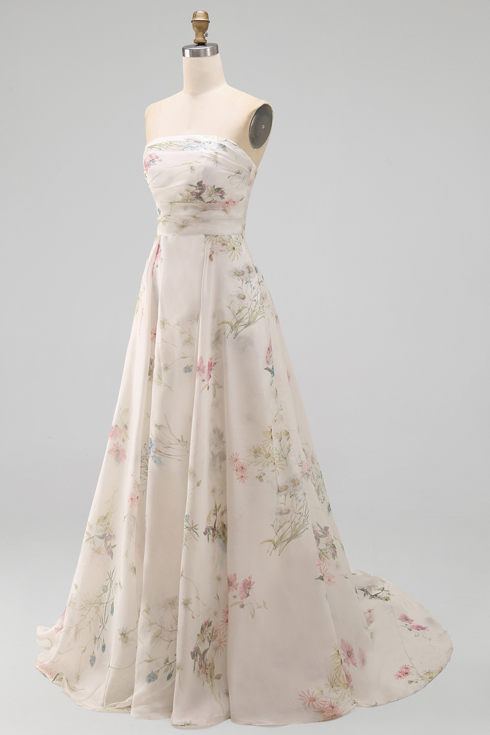 Strapless Floral A Line Ivory Long Beach Wedding Dress