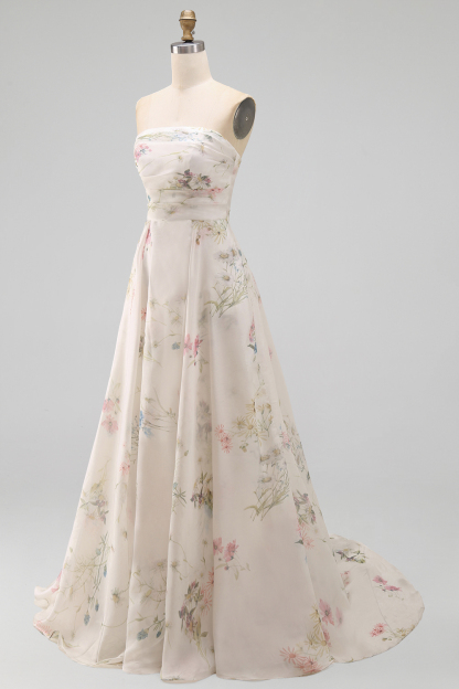 Strapless Floral A Line Ivory Long Beach Wedding Dress