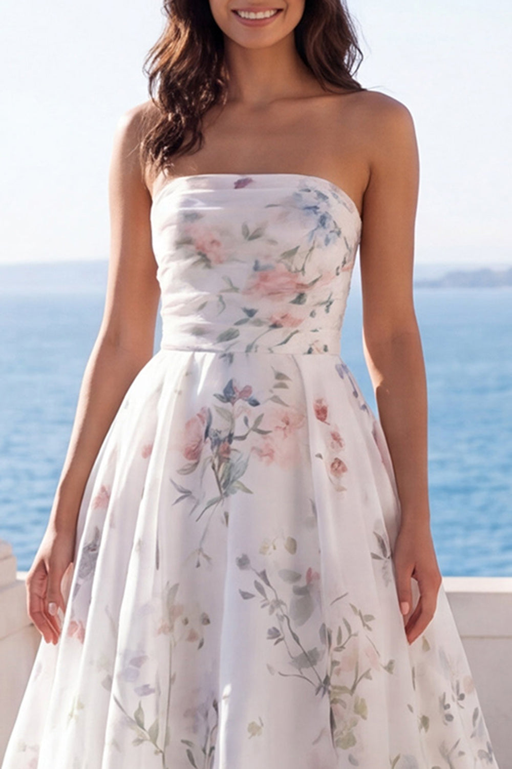 Strapless Floral A Line Ivory Long Beach Wedding Dress