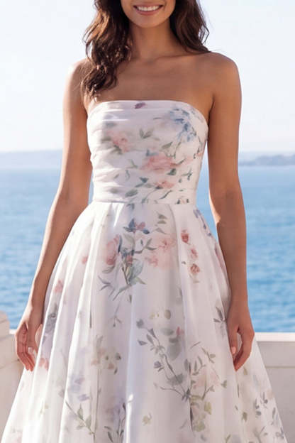 Strapless Floral A Line Ivory Long Beach Wedding Dress