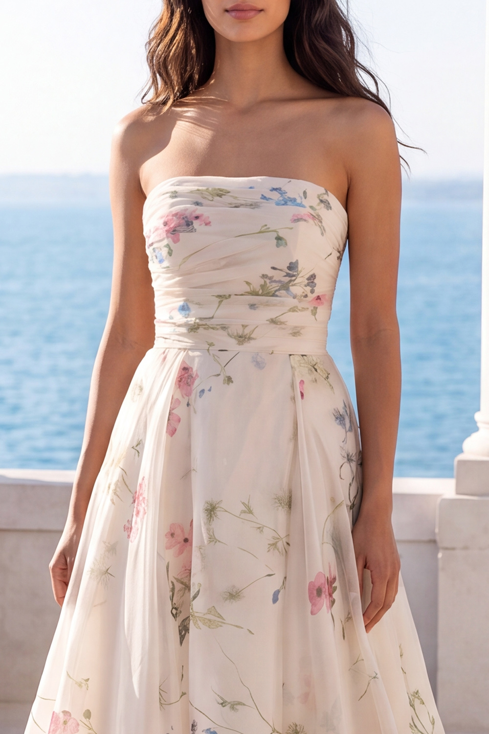 Strapless Floral A Line Ivory Long Beach Wedding Dress
