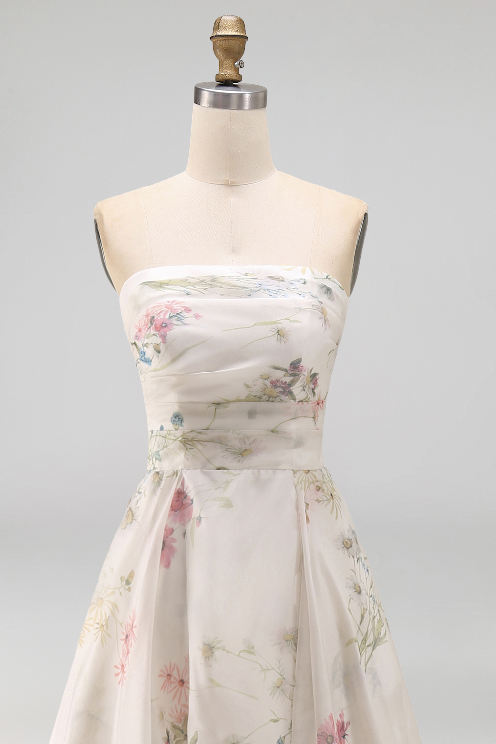 Strapless Floral A Line Ivory Long Beach Wedding Dress