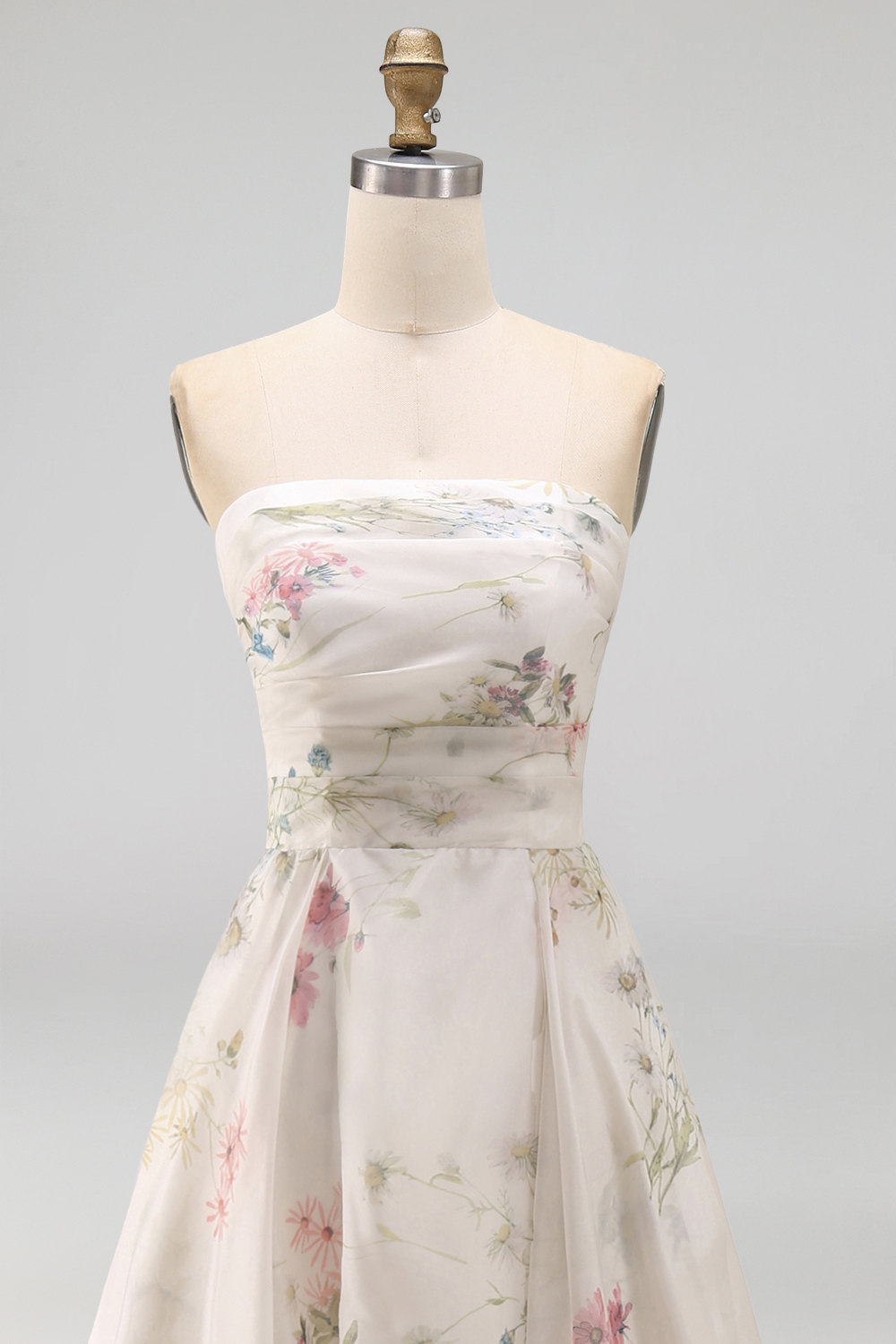 Strapless Floral A Line Ivory Long Beach Wedding Dress