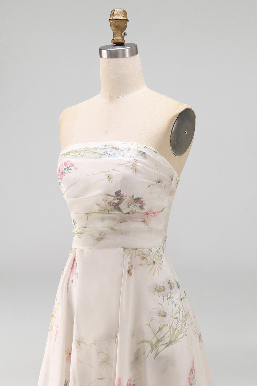 Strapless Floral A Line Ivory Long Beach Wedding Dress