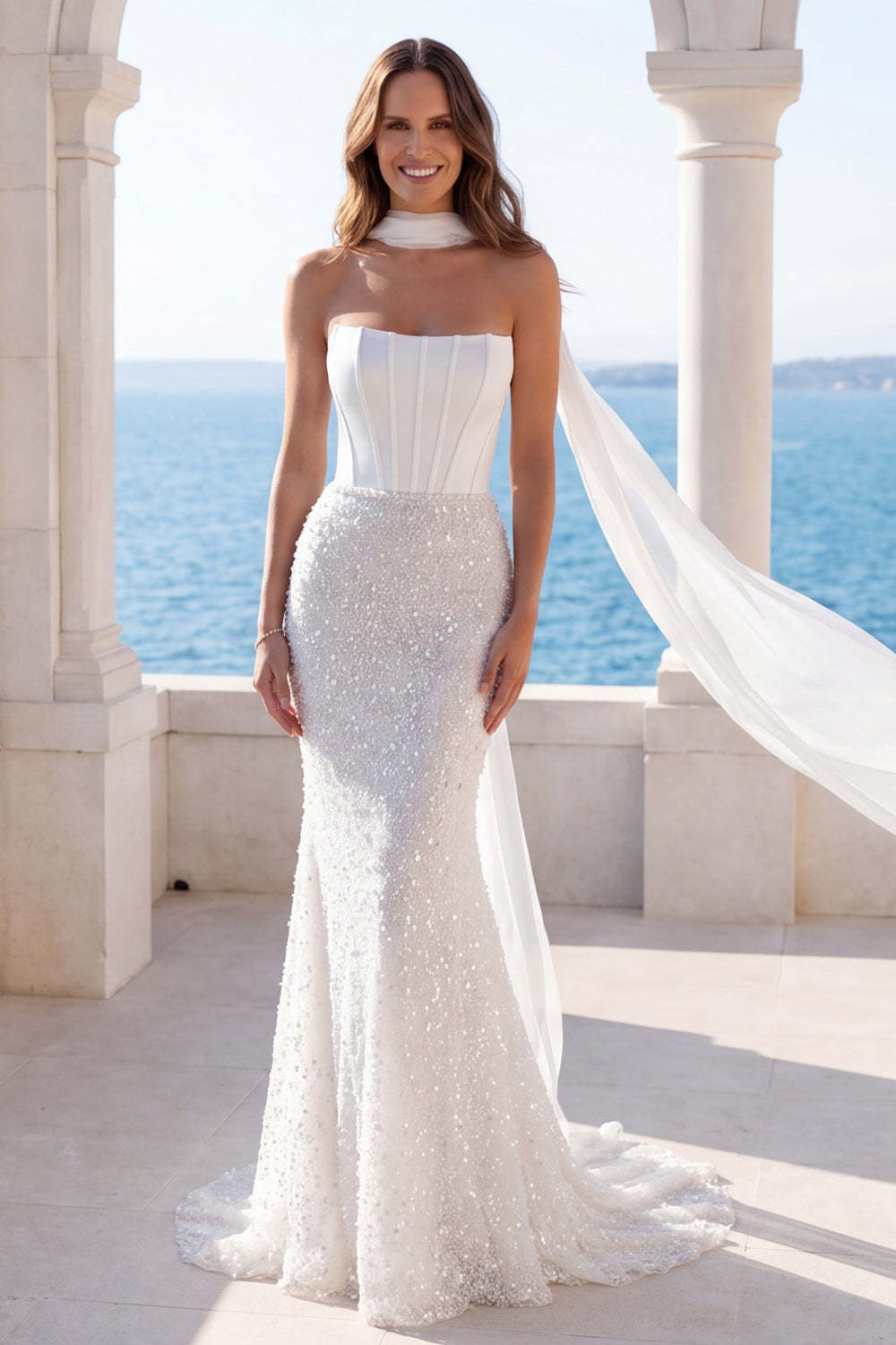 Leely Women Sparkly Beaded Corset Ivory Long Beach Wedding Dress Backless Mermaid Bridal Dress