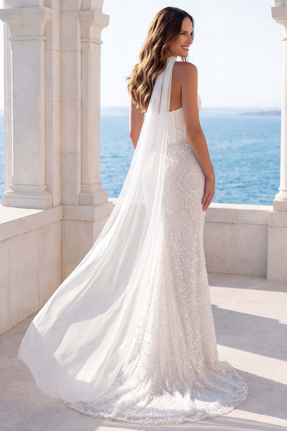 Sparkly Beaded Corset Mermaid Ivory Long Beach Wedding Dress