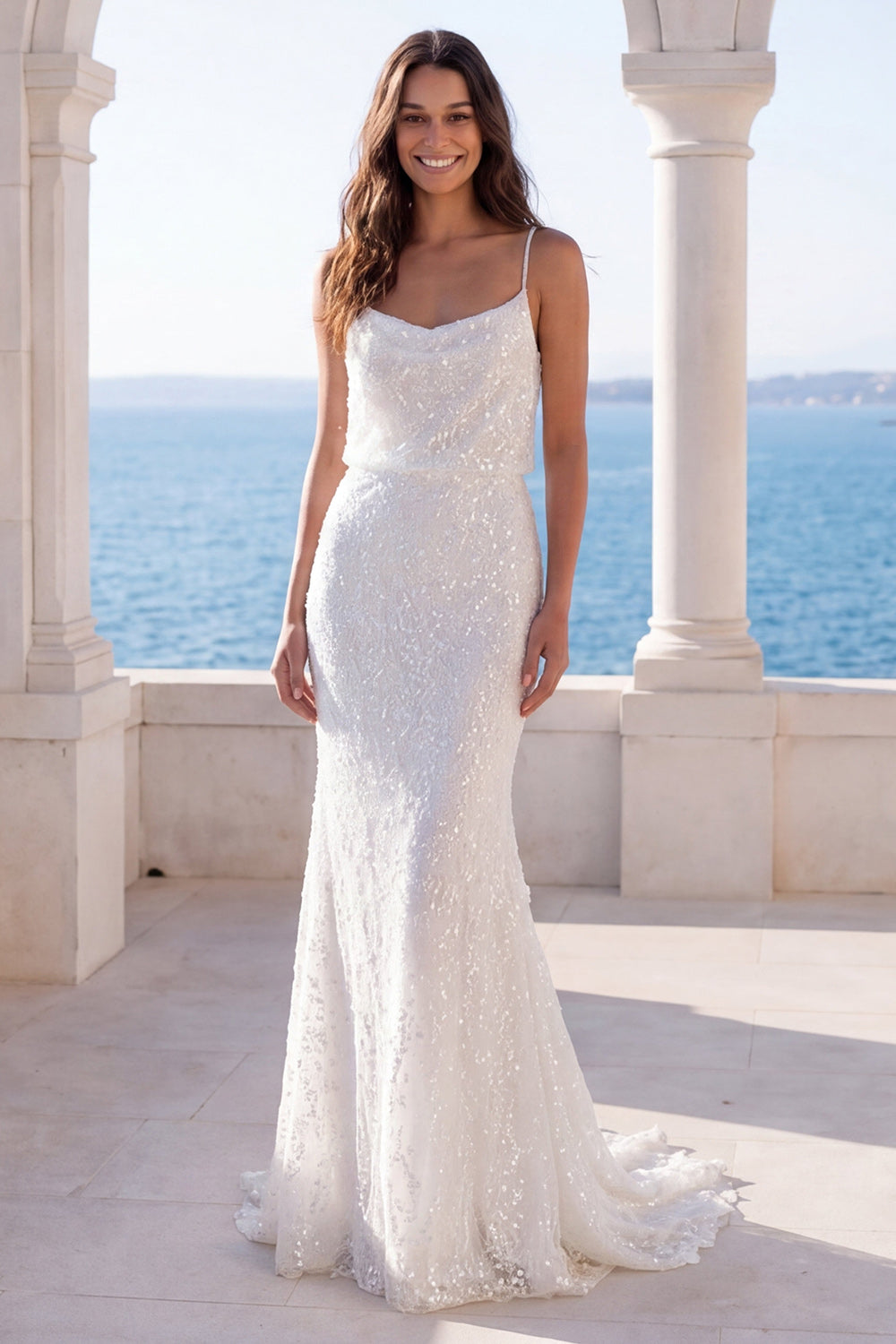 Spaghetti Straps Sparkly Ivory Long Beach Wedding Dress