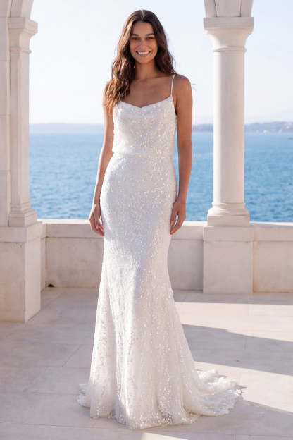 Leely Women Spaghetti Straps Sparkly Ivory Long Beach Wedding Dress Backless Mermaid Sleeveless Bridal Dress