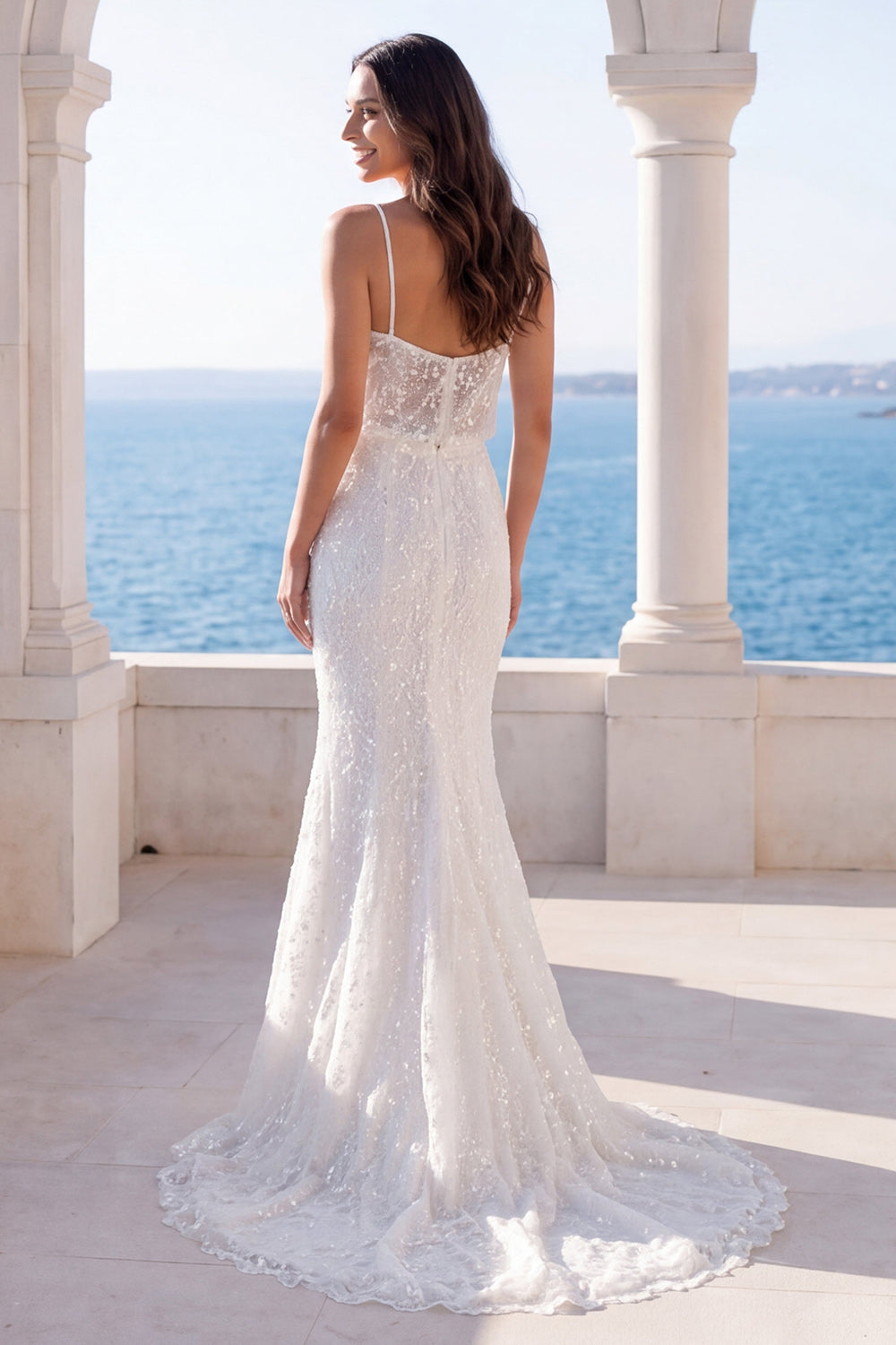 Spaghetti Straps Sparkly Ivory Long Beach Wedding Dress
