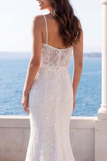 Spaghetti Straps Sparkly Ivory Long Beach Wedding Dress