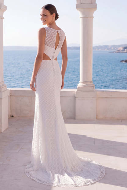 Ivory Mermaid Cut Out Long Beach Wedding Dress with Slit