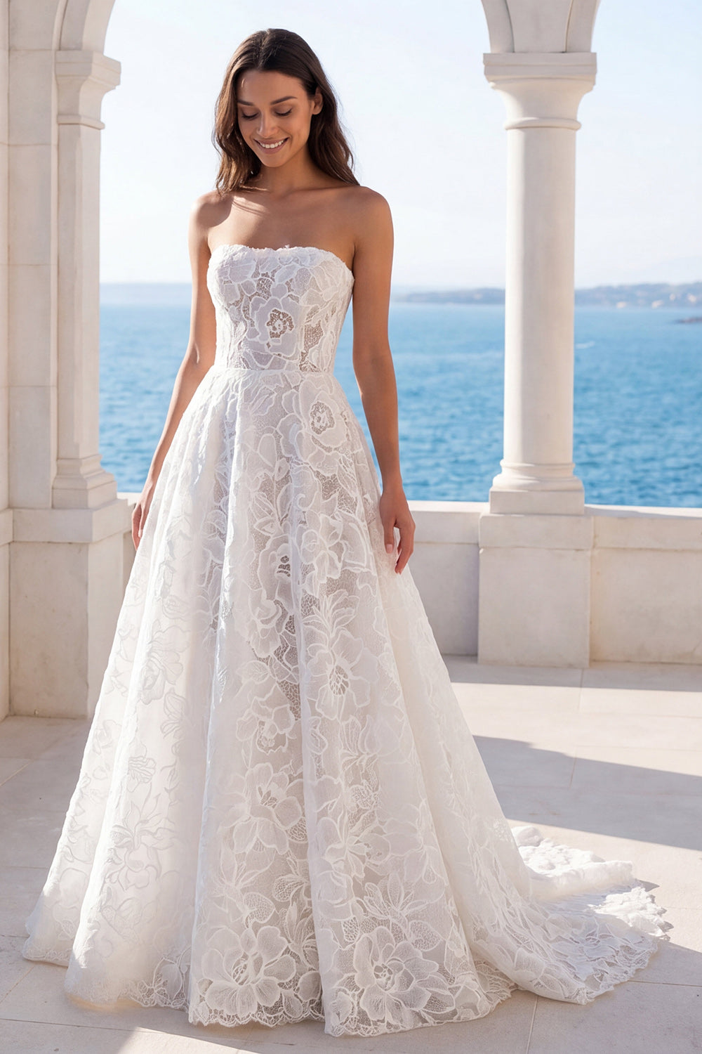 Leely Women Ivory Floral Lace Strapless Long Boho Beach Wedding Dress A Line Backless Sleeveless Bridal Dress