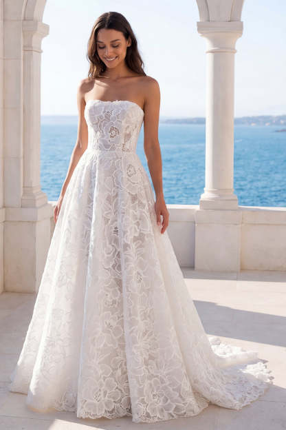 Leely Women Ivory Floral Lace Strapless Long Boho Beach Wedding Dress A Line Backless Sleeveless Bridal Dress