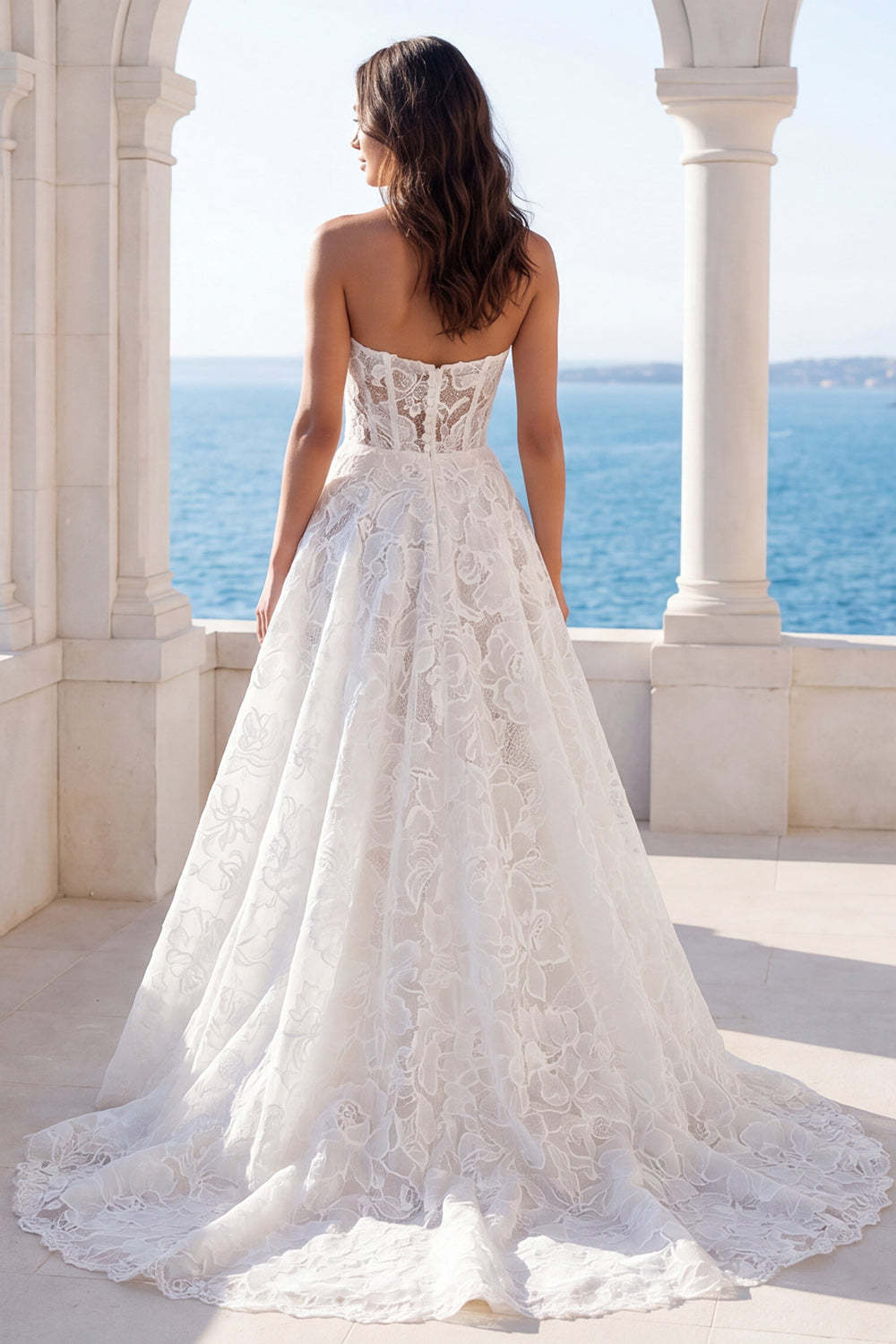 Ivory Floral Lace Strapless Backless Long Boho Beach Wedding Dress