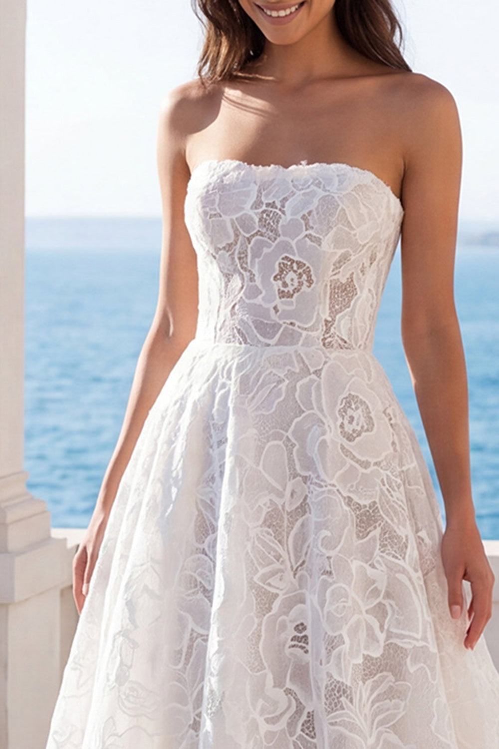 Ivory Floral Lace Strapless Backless Long Boho Beach Wedding Dress