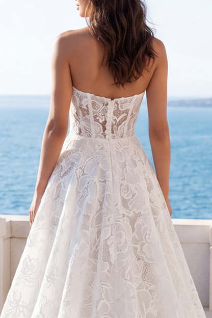 Ivory Floral Lace Strapless Backless Long Boho Beach Wedding Dress