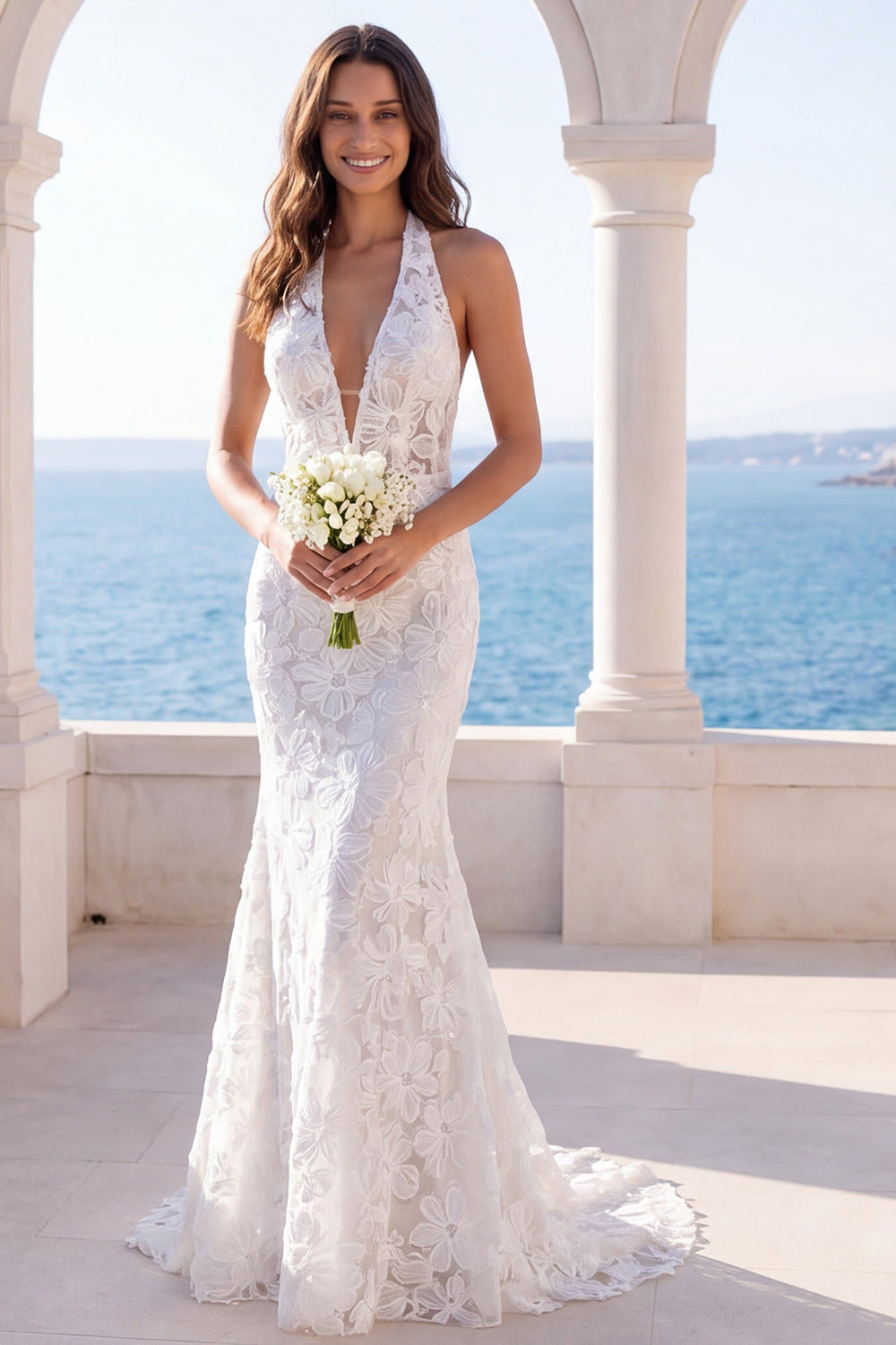 Leely Women Ivory Floral Mermaid Long Boho Beach Wedding Dress Backless Halter Neck Sleeveless
