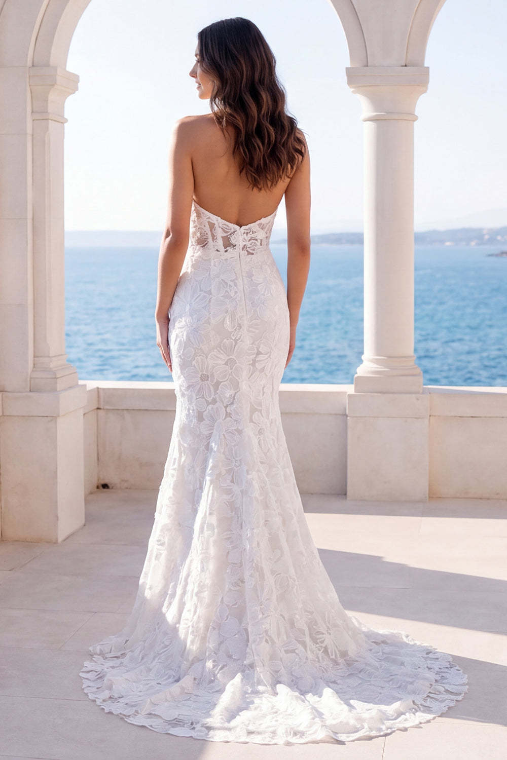 Ivory Floral Halter Neck Mermaid Long Boho Beach Wedding Dress