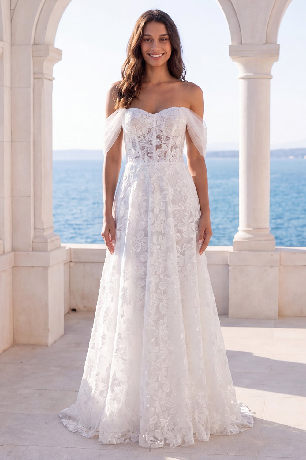 Leely Women Off the Shoulder Lace Floral Long Boho Beach Wedding Dress Backless A Line Bridal Dress