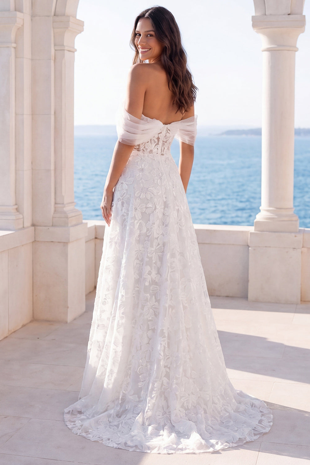 Off the Shoulder Lace Floral A Line Long Boho Beach Wedding Dress