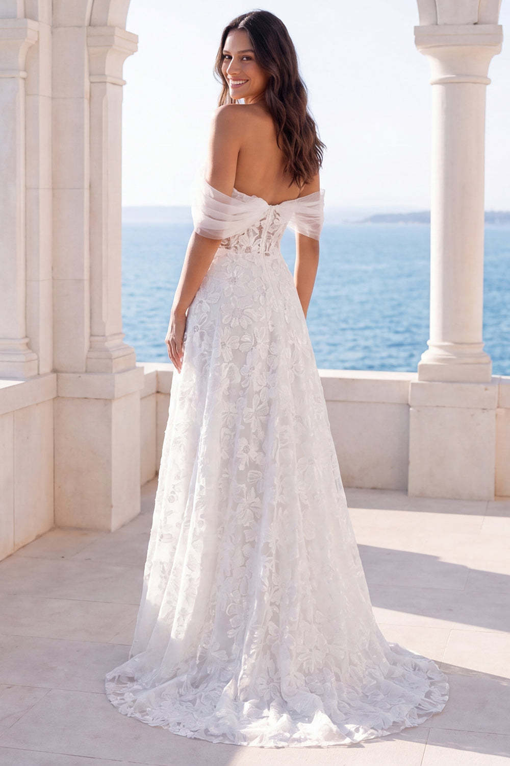 Off the Shoulder Lace Floral A Line Long Boho Beach Wedding Dress