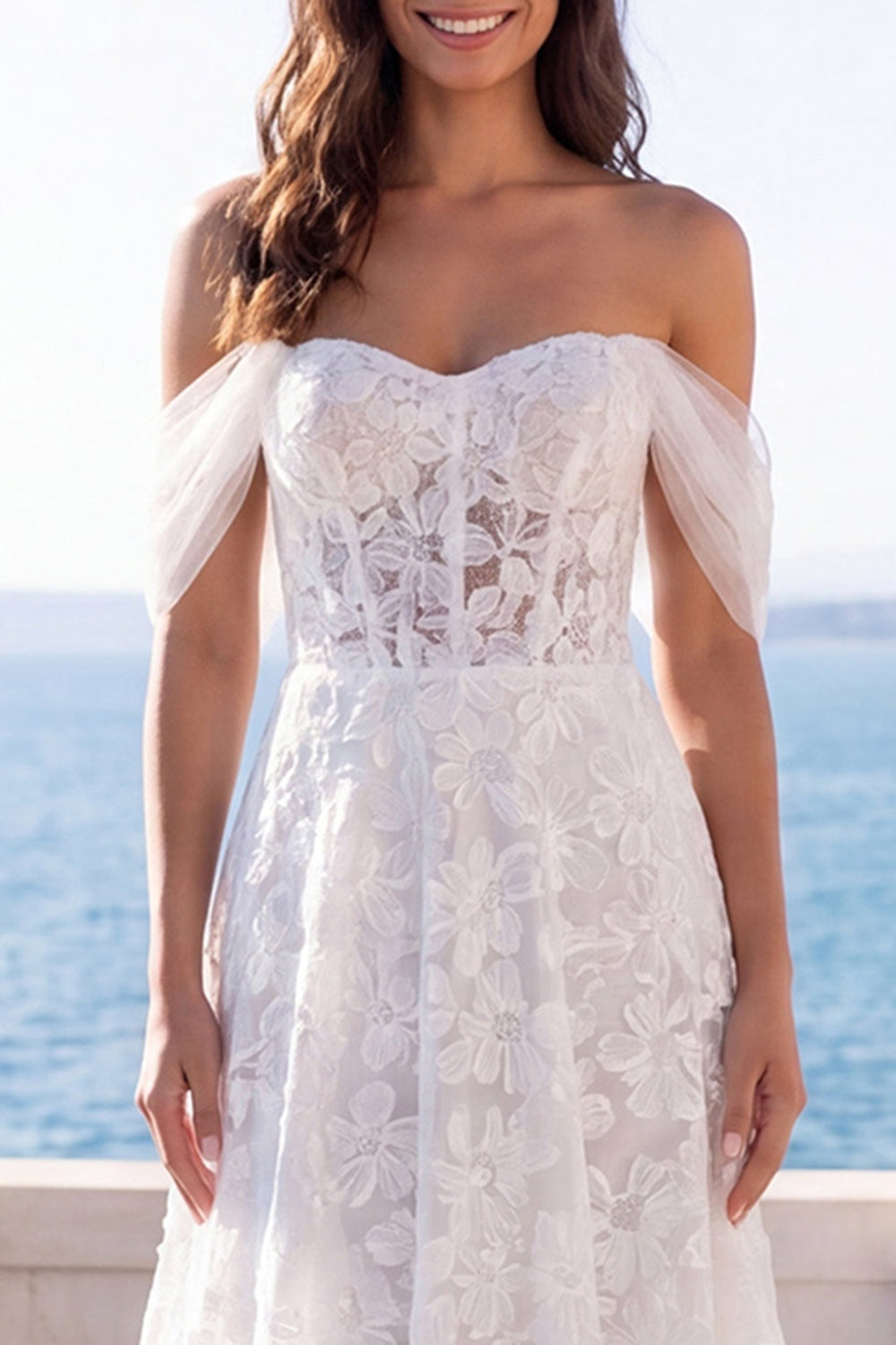 Off the Shoulder Lace Floral A Line Long Boho Beach Wedding Dress