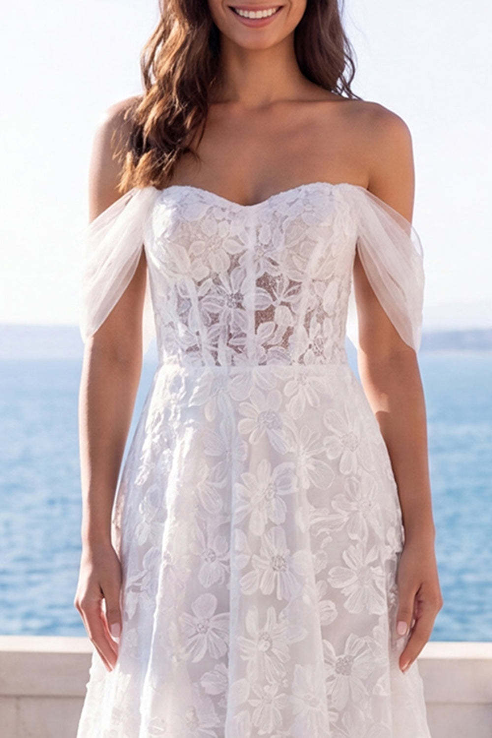 Off the Shoulder Lace Floral A Line Long Boho Beach Wedding Dress