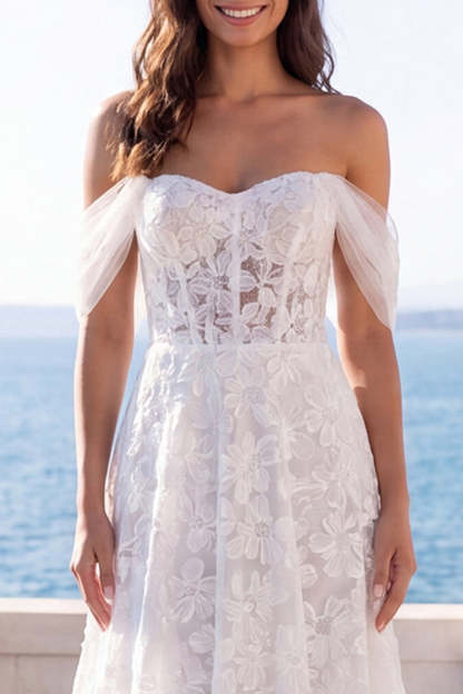 Off the Shoulder Lace Floral A Line Long Boho Beach Wedding Dress