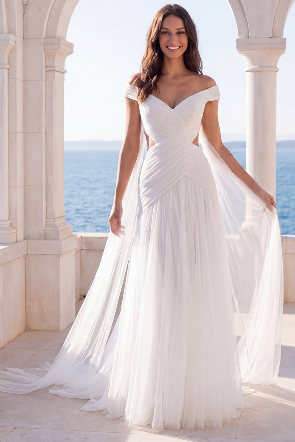 A Line White Pleated Off the Shoulder Long Boho Beach Wedding Dress