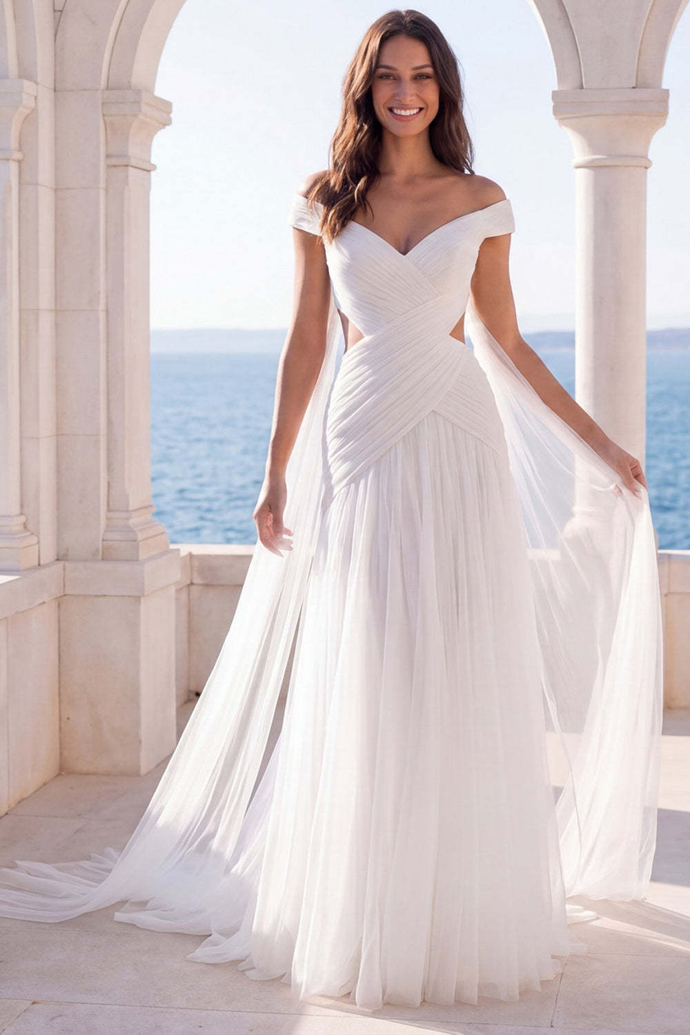 Leely Women A Line White Pleated Long Boho Beach Wedding Dress Off the Shoulder Backless Sleeveless Bridal Dress