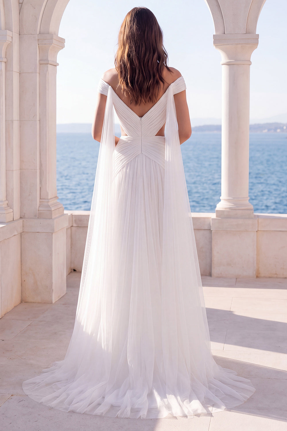 A Line White Pleated Off the Shoulder Long Boho Beach Wedding Dress