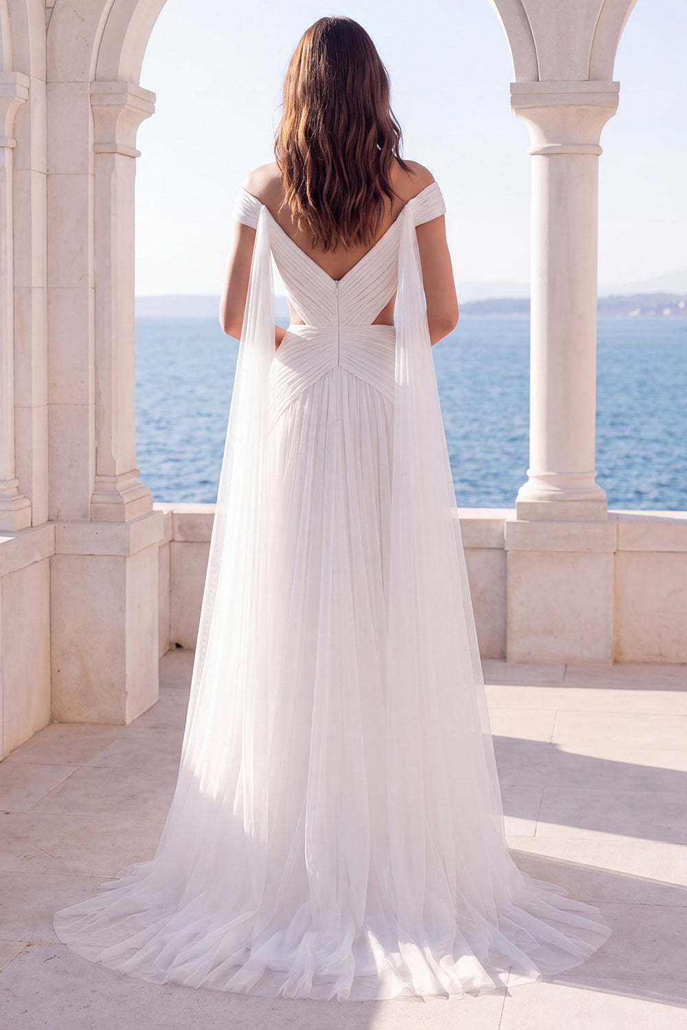 A Line White Pleated Off the Shoulder Long Boho Beach Wedding Dress