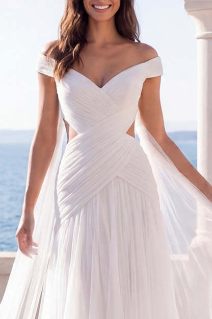 A Line White Pleated Off the Shoulder Long Boho Beach Wedding Dress