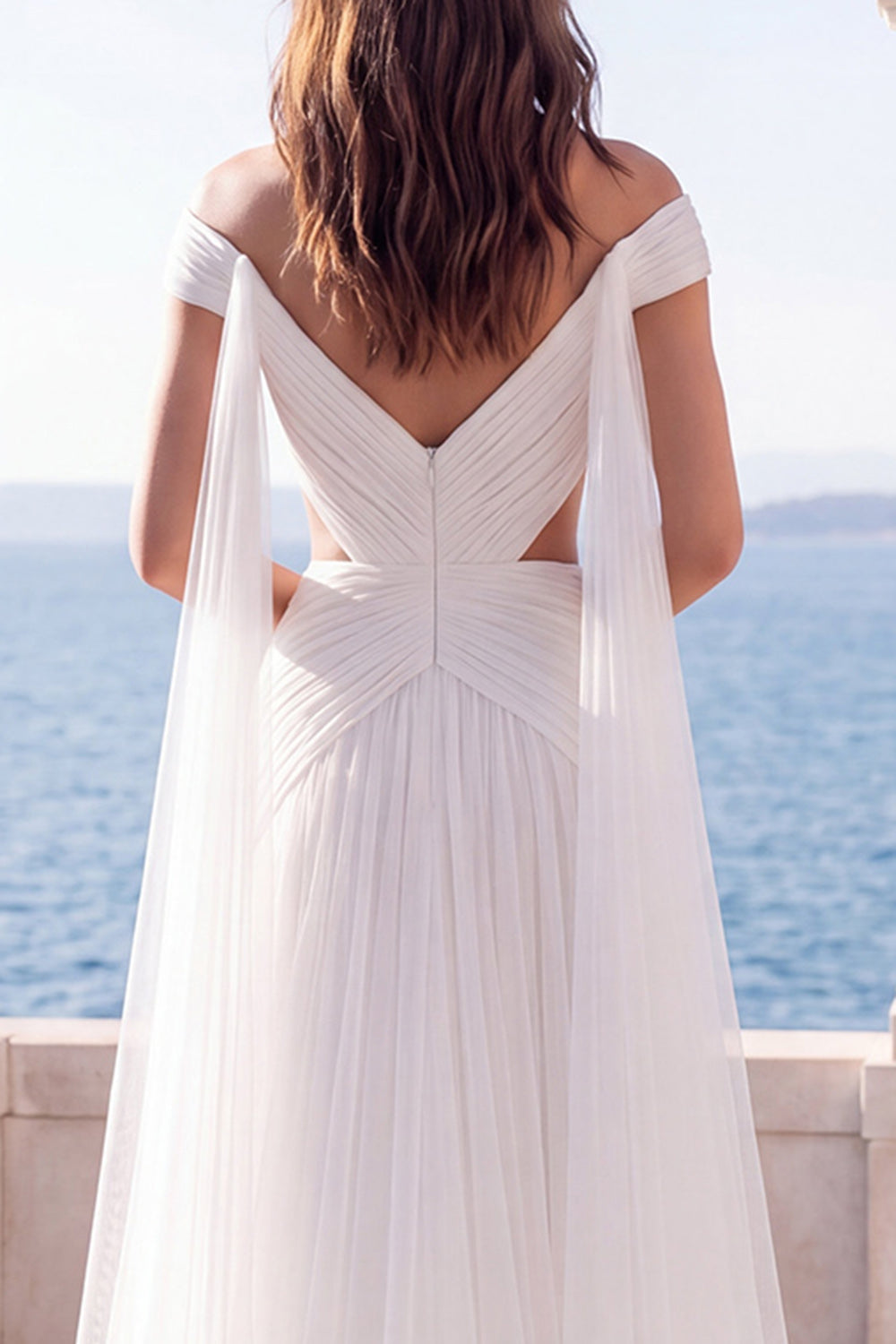 A Line White Pleated Off the Shoulder Long Boho Beach Wedding Dress
