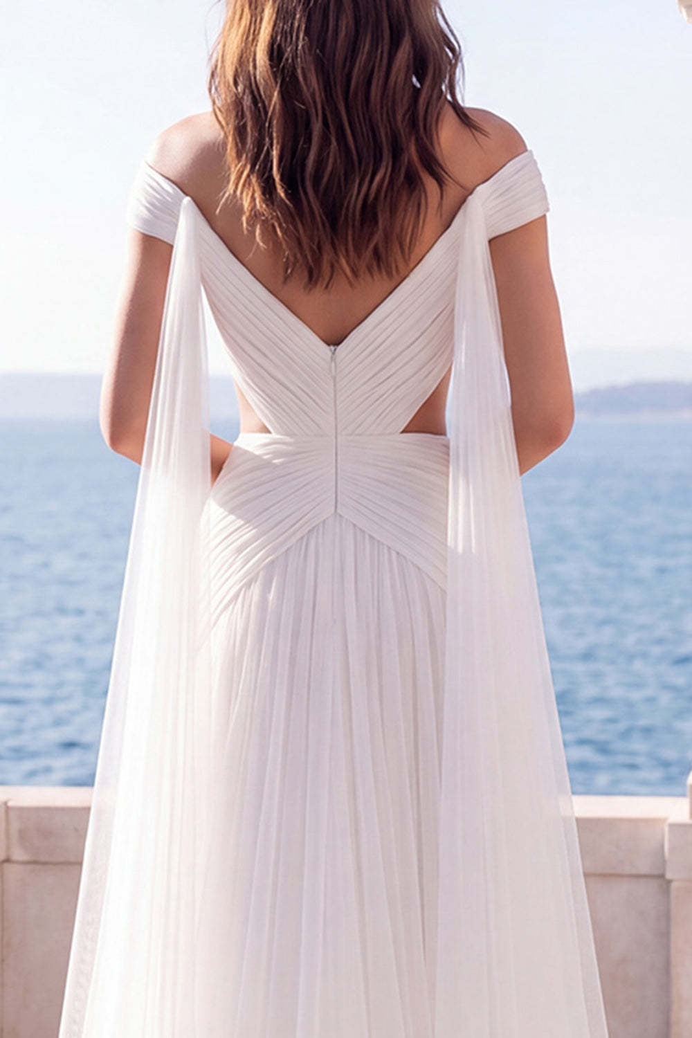 A Line White Pleated Off the Shoulder Long Boho Beach Wedding Dress