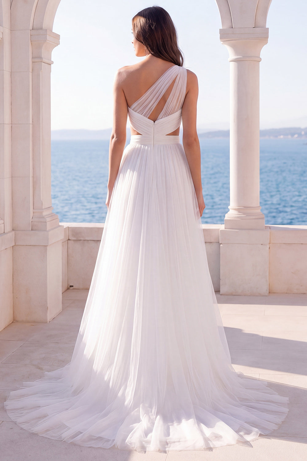 One Shoulder A Line Pleated Long Beach Wedding Dress with Slit