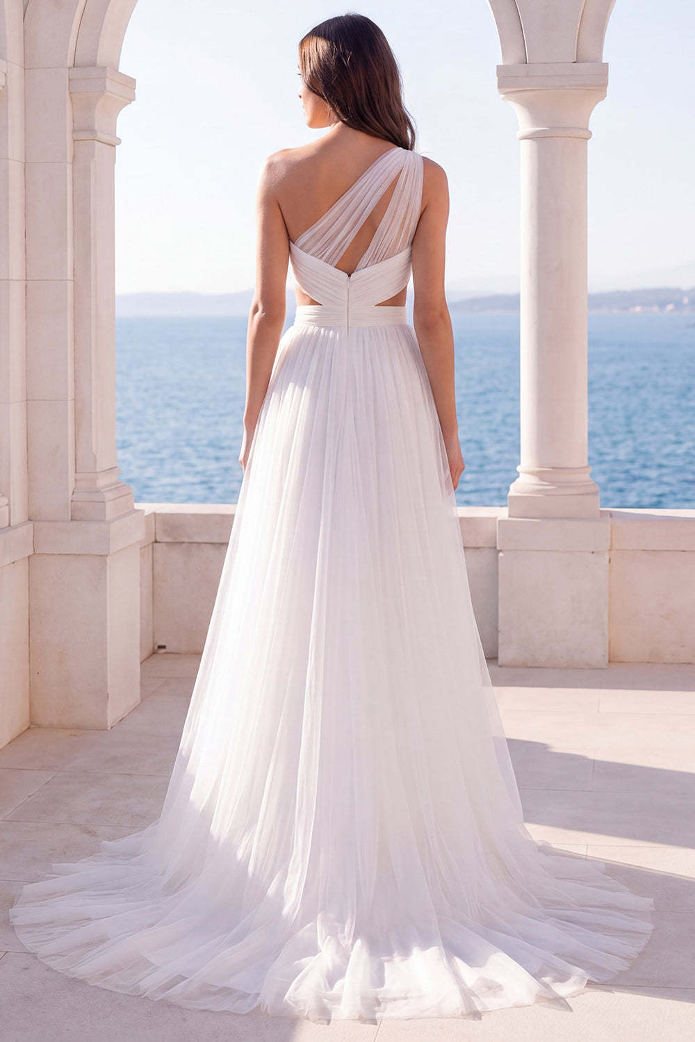 One Shoulder A Line Pleated Long Beach Wedding Dress with Slit