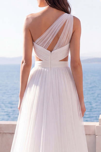 One Shoulder A Line Pleated Long Beach Wedding Dress with Slit