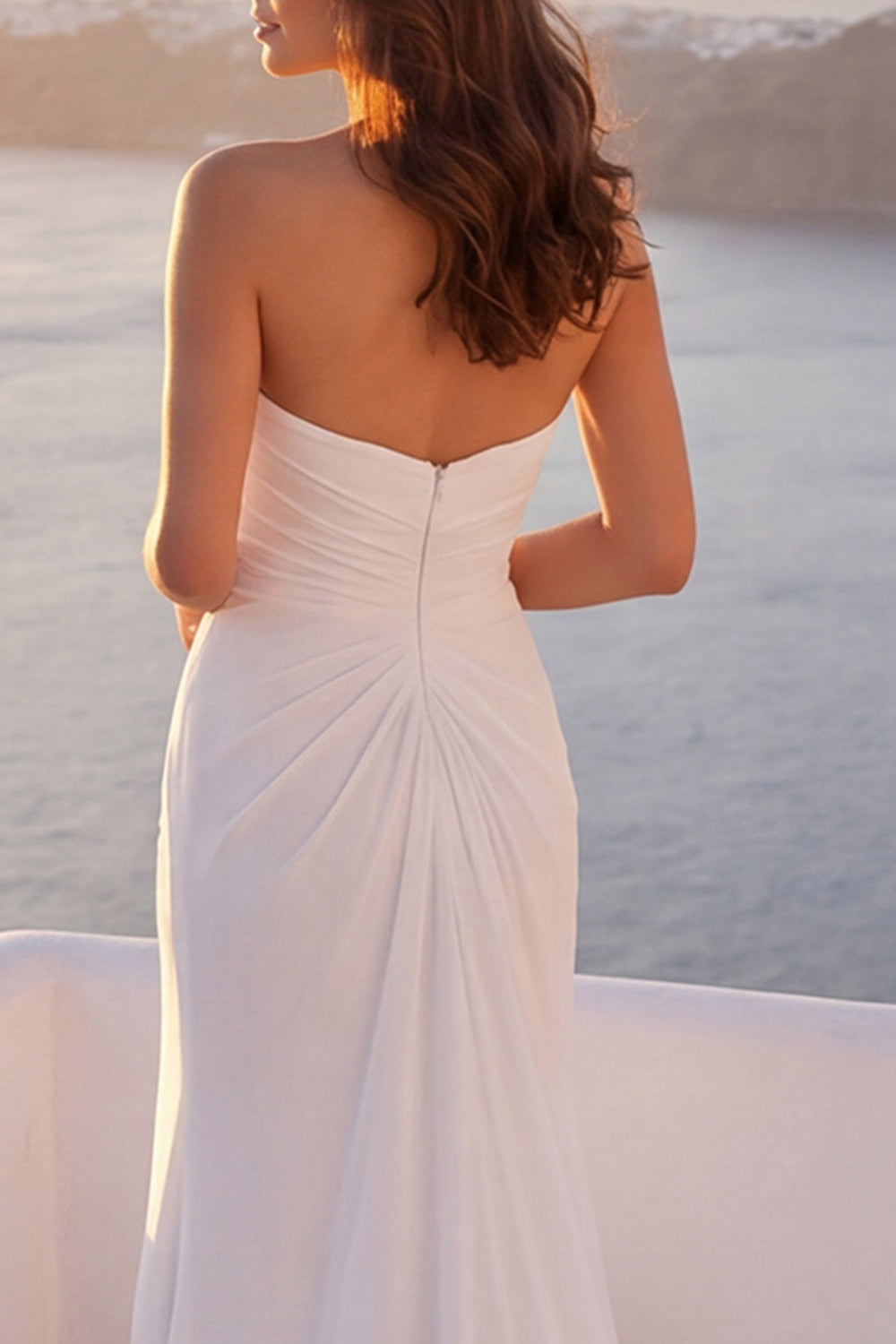 Ruched Strapless Backless Ivory Long Beach Wedding Dress with Slit