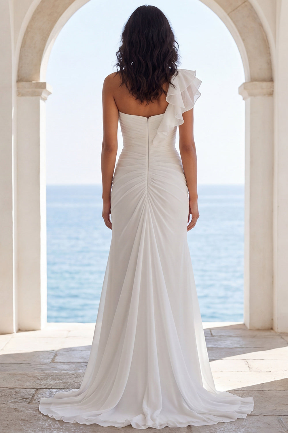 One Shoulder Ruffled Ivory Mermaid Long Beach Wedding Dress with Slit