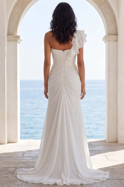 One Shoulder Ruffled Ivory Mermaid Long Beach Wedding Dress with Slit