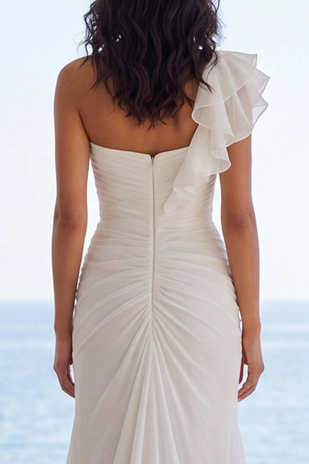One Shoulder Ruffled Ivory Mermaid Long Beach Wedding Dress with Slit