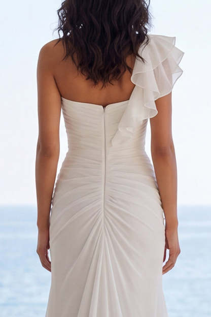 One Shoulder Ruffled Ivory Mermaid Long Beach Wedding Dress with Slit